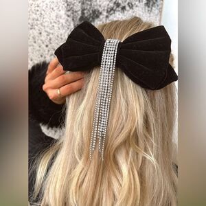 Luxury Black Velvet Bow Hair Clip with Rhinestone Fringe